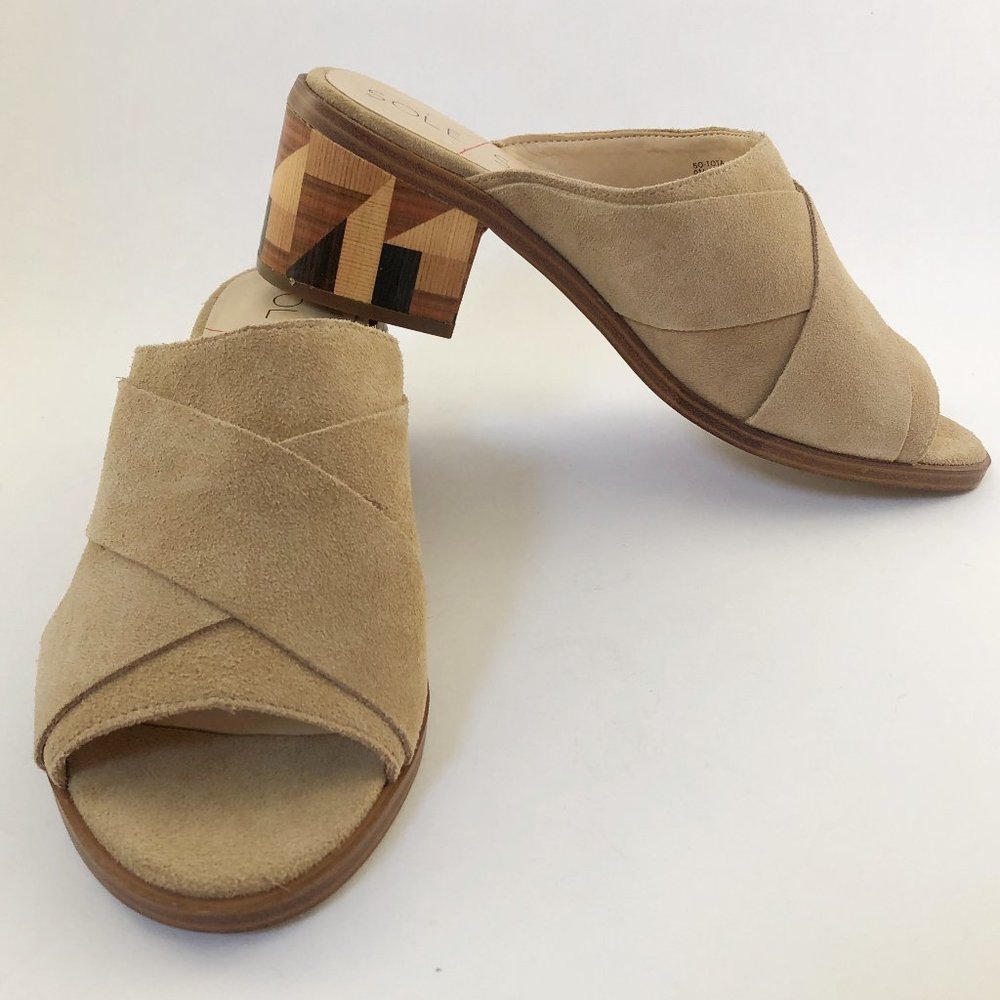 SOLE SOCIETY Tan Suede SO-Tota Slide Sandal w/Chunky Colorblock Heel 9.5